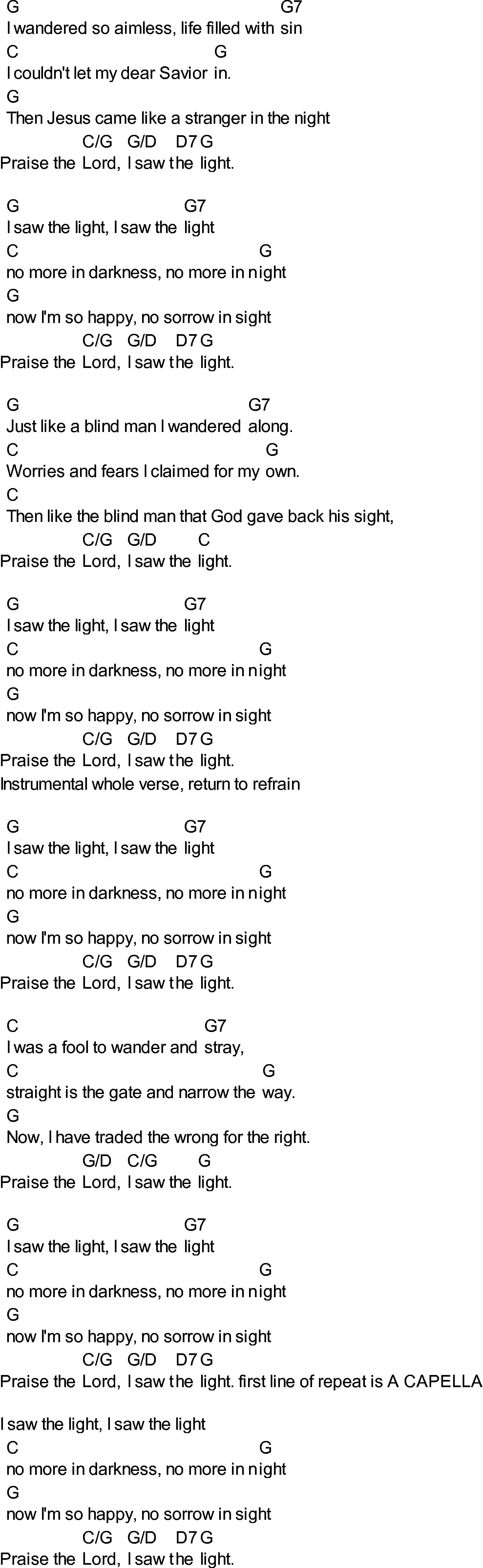 Bluegrass songs with chords - I Saw The Light
